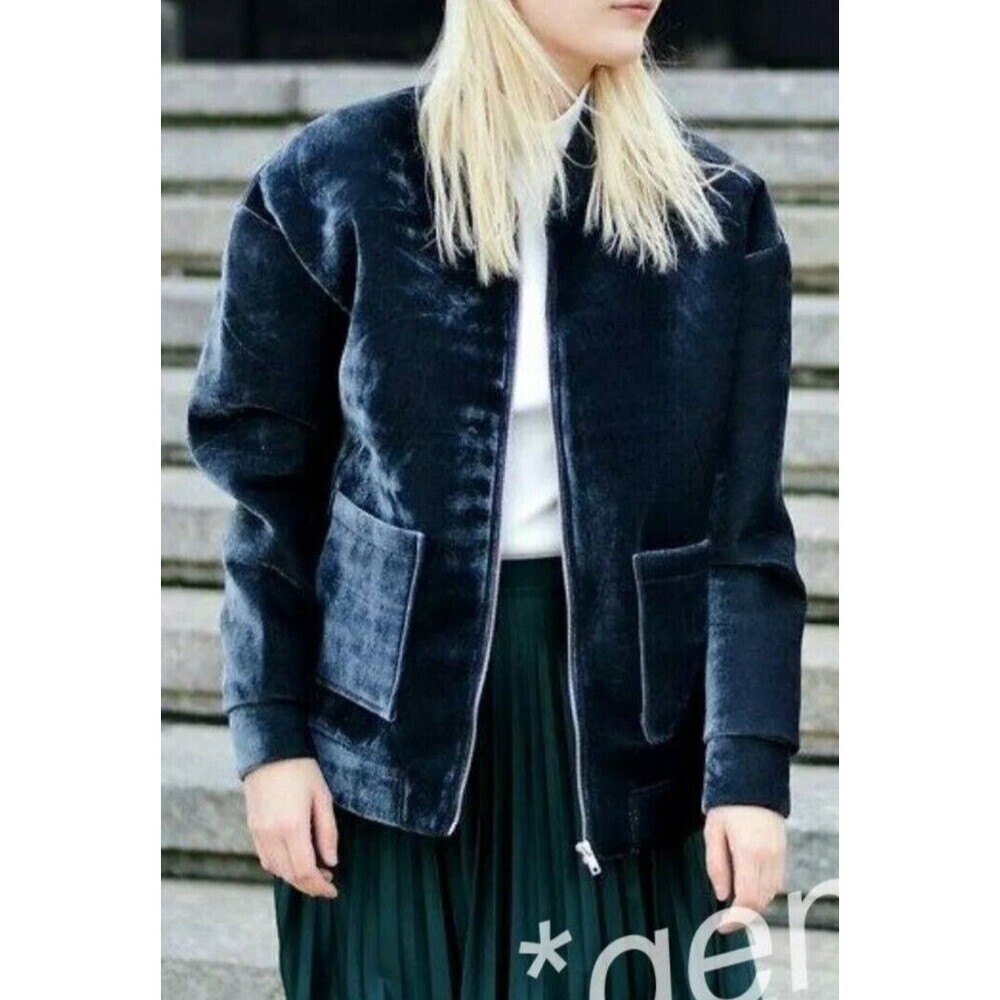 ZARA Oversized Velvet Bomber Jacket Size Medium Pockets Zip Up Blogger's Fave 02